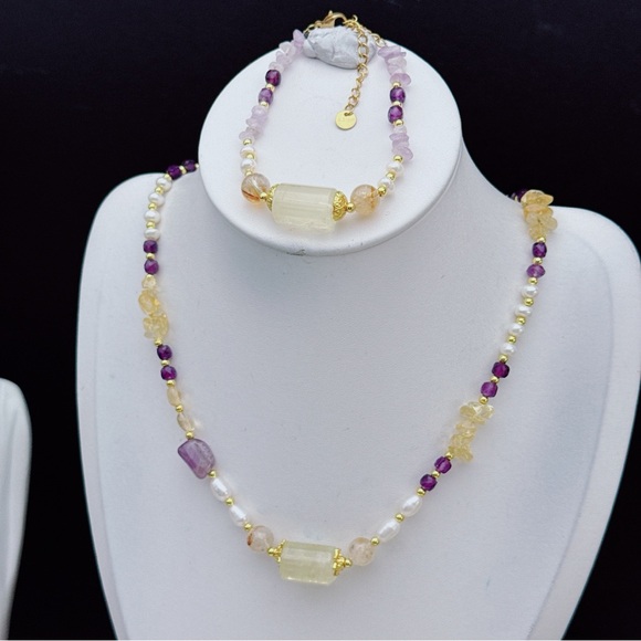 26X46 Handmade Freshwater Pearl Citrine Amethyst Necklace Bracelet Set - Picture 8 of 10